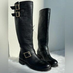 New! JIMMY CHOO Leather Black Tall Knee-High Biker Moto Riding Boot EU 38